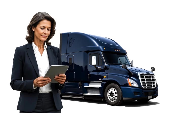 Professional with tablet and motor carrier truck